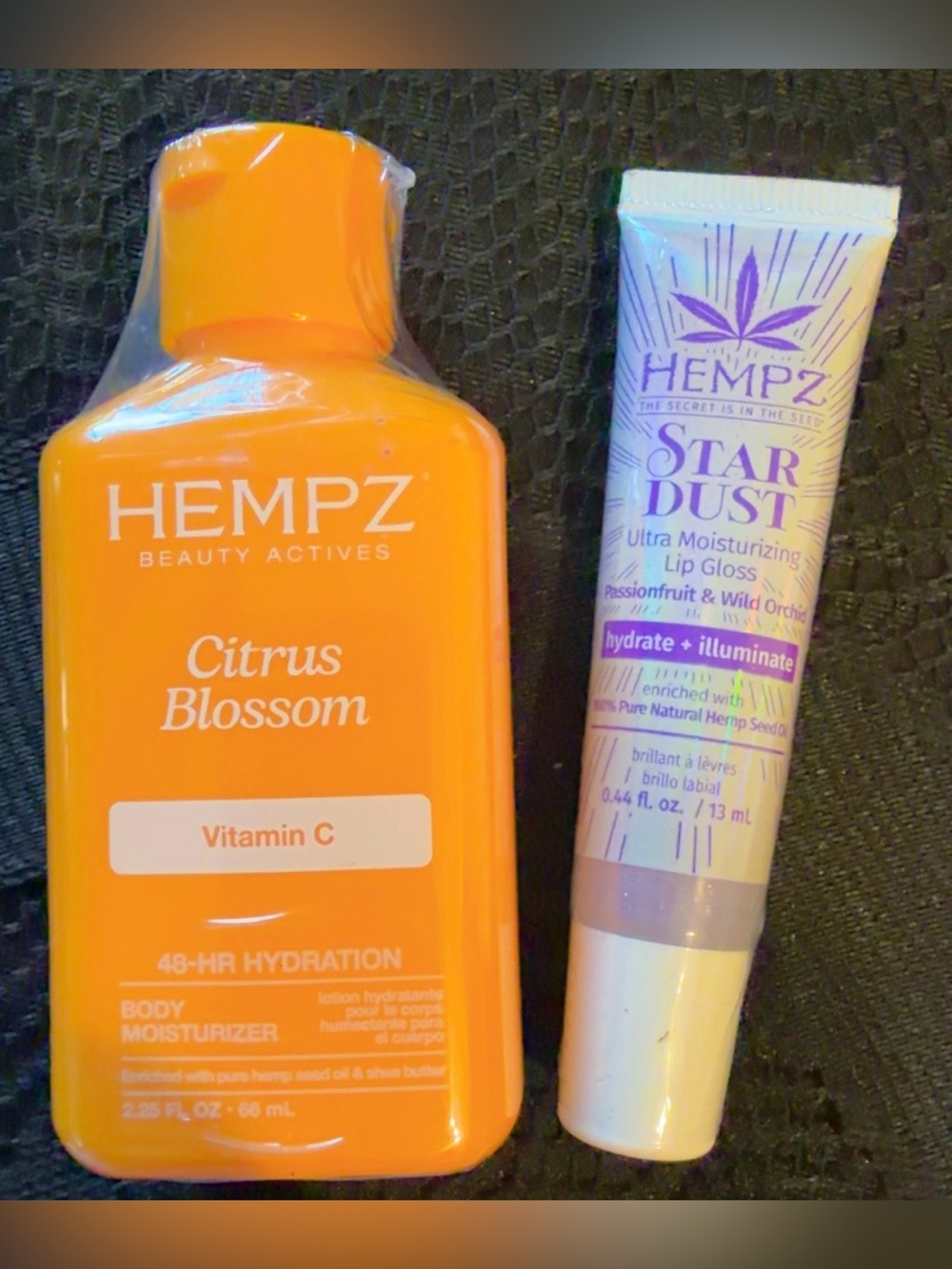 HEMPZ Citrus Blossom Vitamin C Body Moisturizer and lip gloss Star Dust